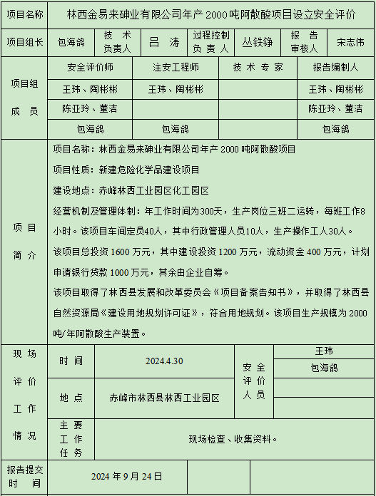 林西金易來砷業(yè)有限公司年產(chǎn)2000噸阿散酸項目設(shè)立安全評價